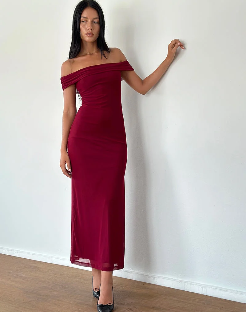 Tarna Bardot Maxikleid aus Mesh Burgundy