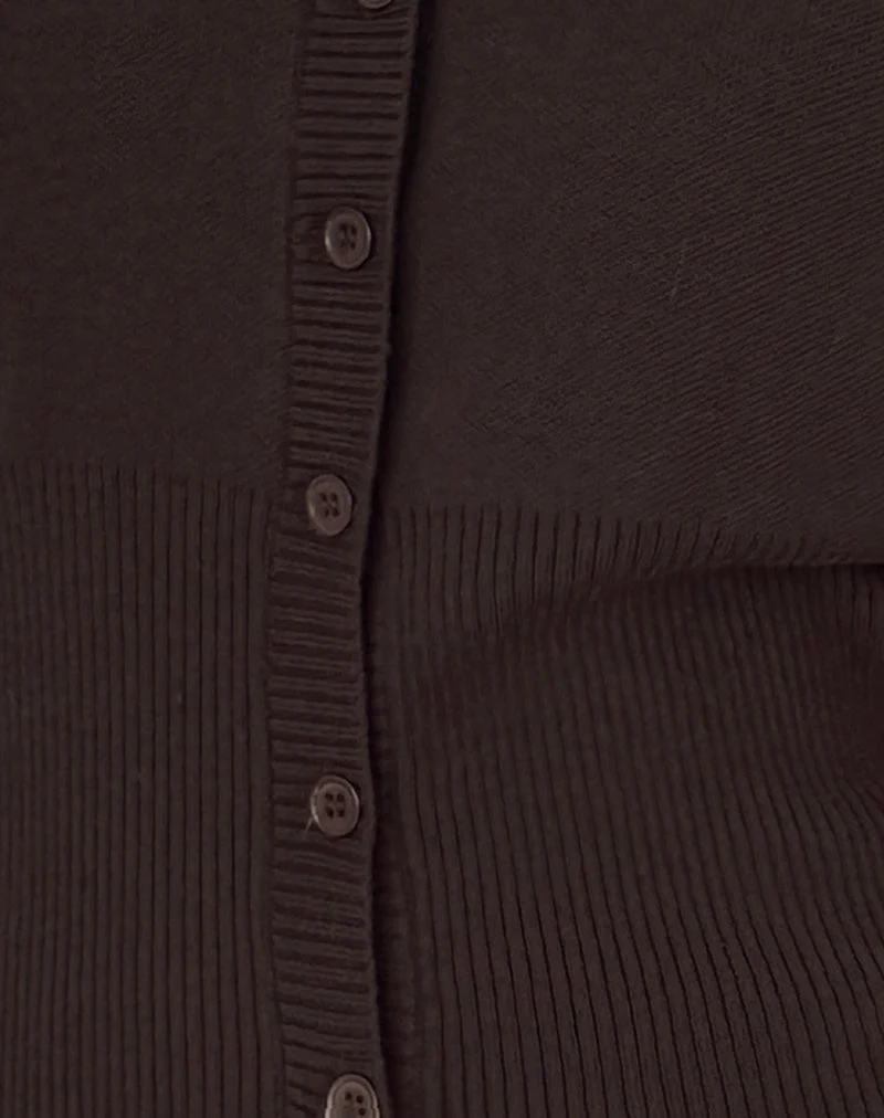 Subra Langarm-Strickjacke mit geripptem Saum in Bitterschokolade