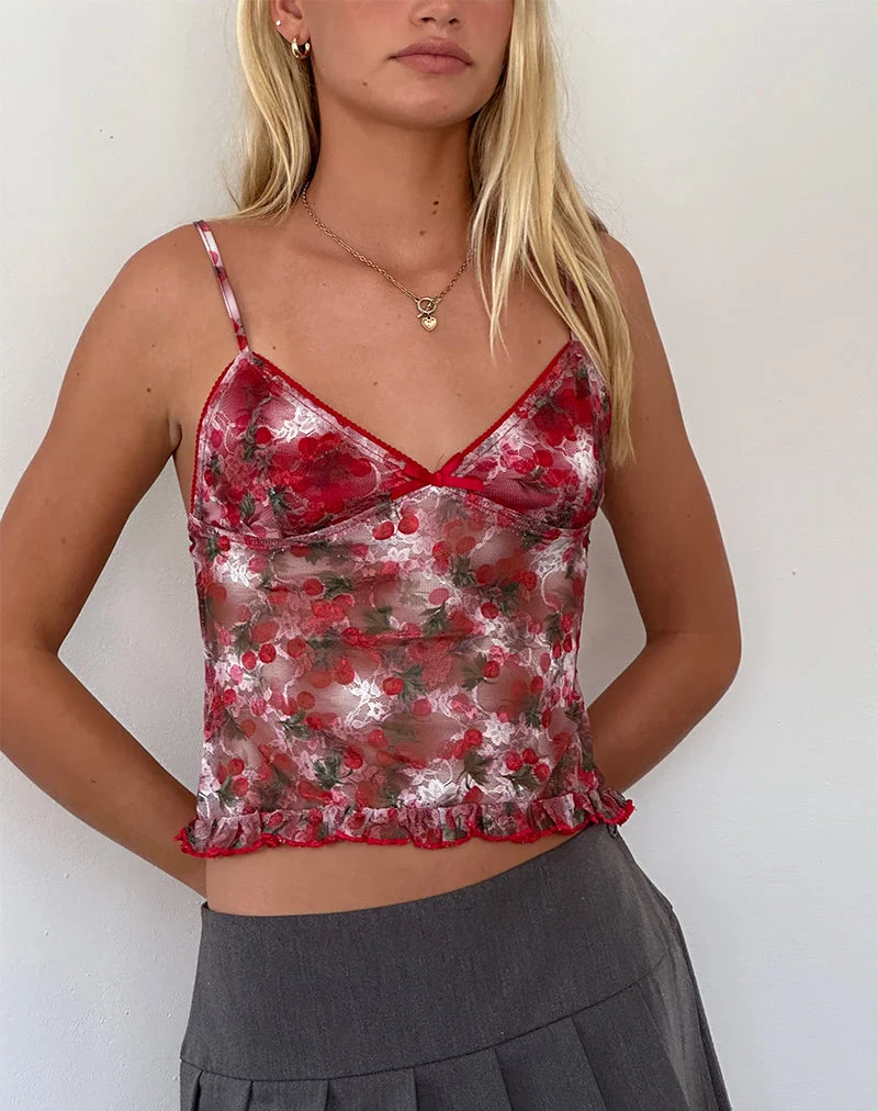 Rumaysa Top aus bedruckter Spitze in Kirsche