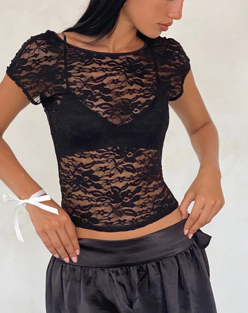 Xiwang Top aus Spitze Schwarz