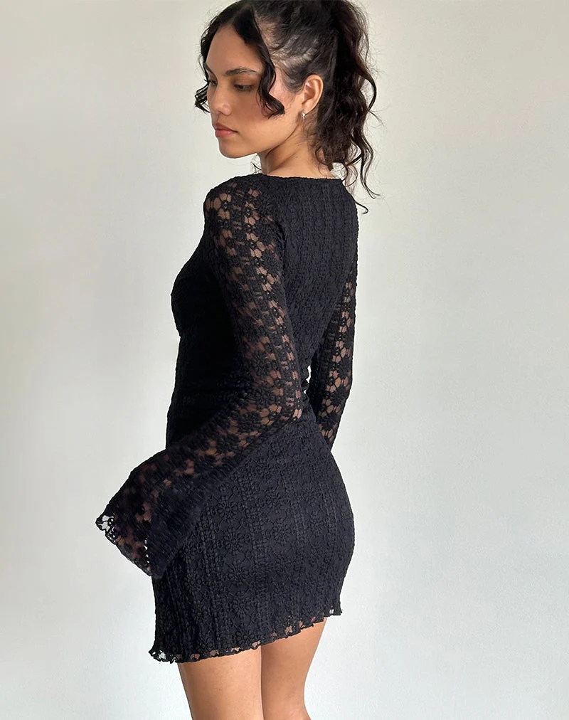 Sevila Langärmeliges Minikleid aus königlicher Spitze Schwarz