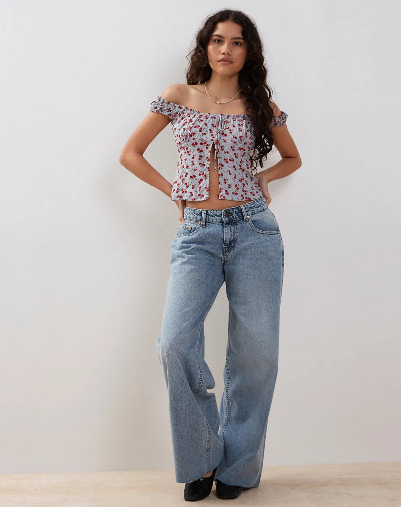 Citra Bardot-Rüschen-Top in Blau Floral Ditsy