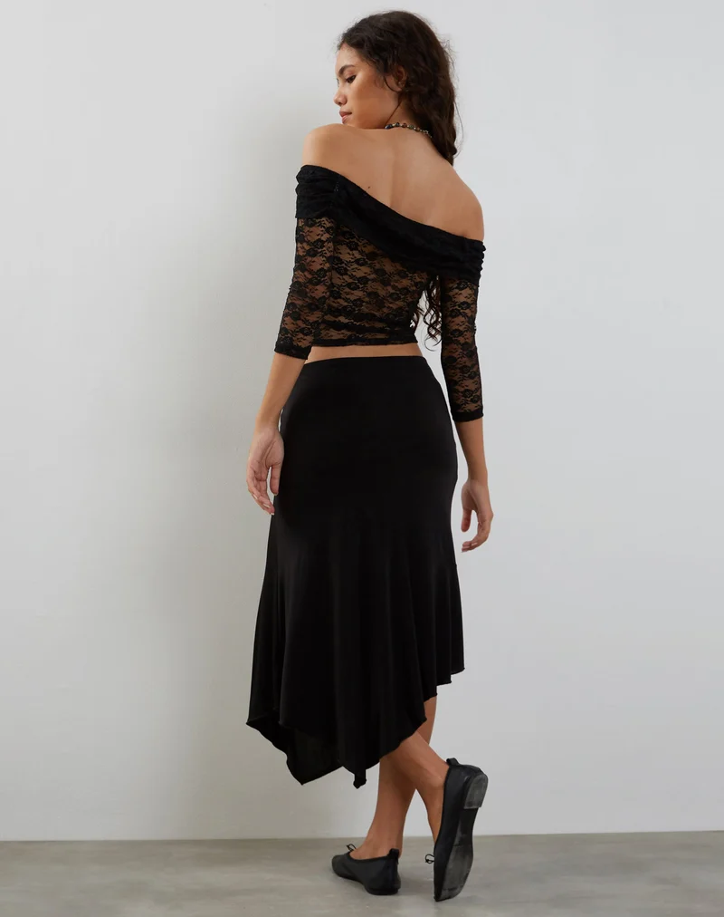 Nixie Langärmeliges Bardot-Top aus Spitze Schwarz
